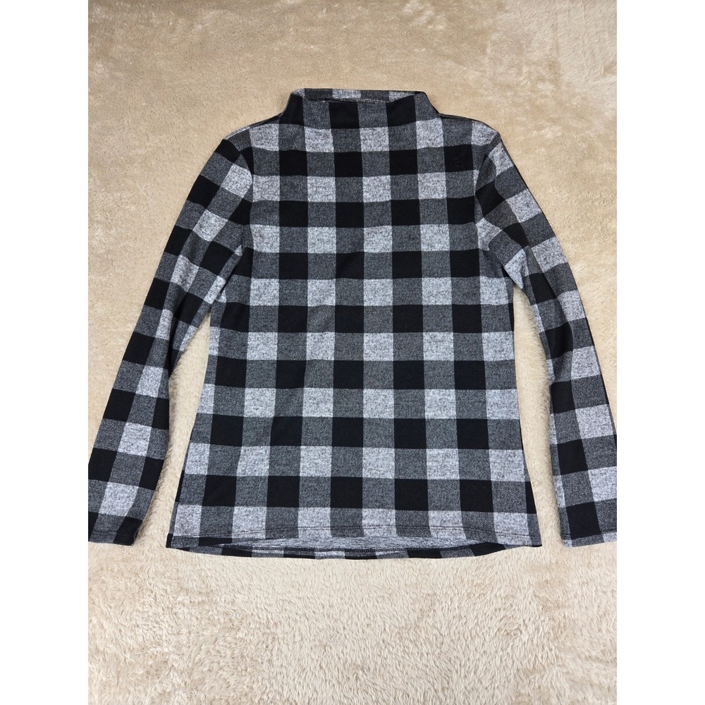 Beachlunchlounge Womens Buffalo Plaid Mock Neck Long Sleeve Top Grey Black M